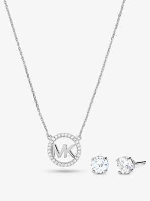 14K Rose Gold-Plated Sterling Silver Pavé Logo Charm Necklace and Stud Earrings Set image number 0