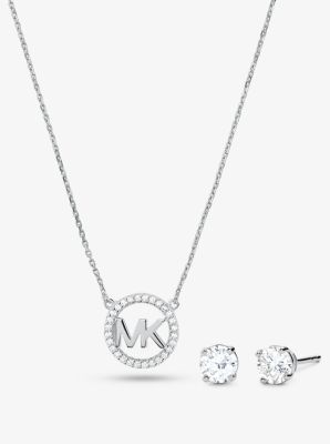 14K Rose Gold Plated Sterling Silver Pave Logo Charm Necklace and Stud Earrings Set