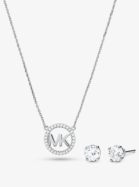 MK 14K Rose Gold-Plated Sterling Silver Pave Logo Charm Necklace and Stud Earrings Set - Silver - Michael Kors