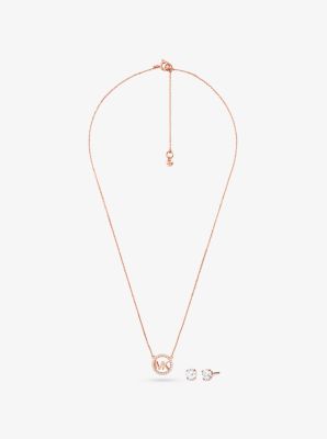 14K Rose Gold-Plated Sterling Silver Pavé Logo Charm Necklace and Stud ...