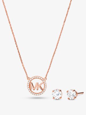 MK 14K Rose Gold-Plated Sterling Silver Pave Logo Charm Necklace and Stud Earrings Set - Rose Gold - Michael Kors
