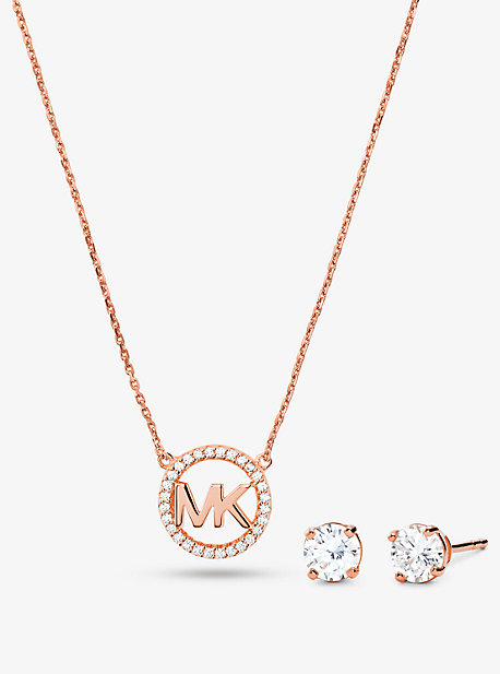 MK 14K Rose Gold-Plated Sterling Silver Pave Logo Charm Necklace and Stud Earrings Set - Rose Gold - Michael Kors