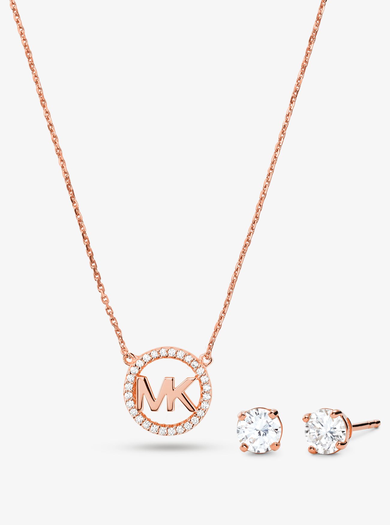 MK 14K Rose Gold-Plated Sterling Silver PavÃ© Logo Charm Necklace and Stud Earrings Set - Rose Gold - Michael Kors