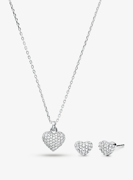 14K Gold-Plated Sterling Silver Pavé Heart Necklace and Stud 