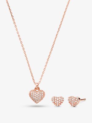 14K Gold-Plated Sterling Silver Pavé Heart Necklace and Stud Earrings Set | Michael  Kors