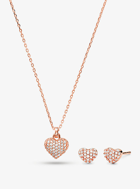 14K Gold-Plated Sterling Silver Pavé Heart Necklace and Stud Earrings Set