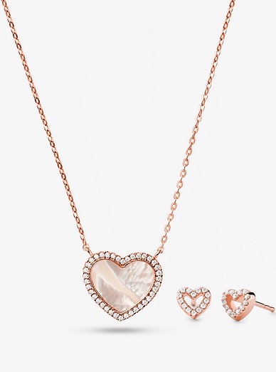 Precious Metal-plated Sterling Silver And Pavé Heart Necklace And Stud Earrings Set | Michael