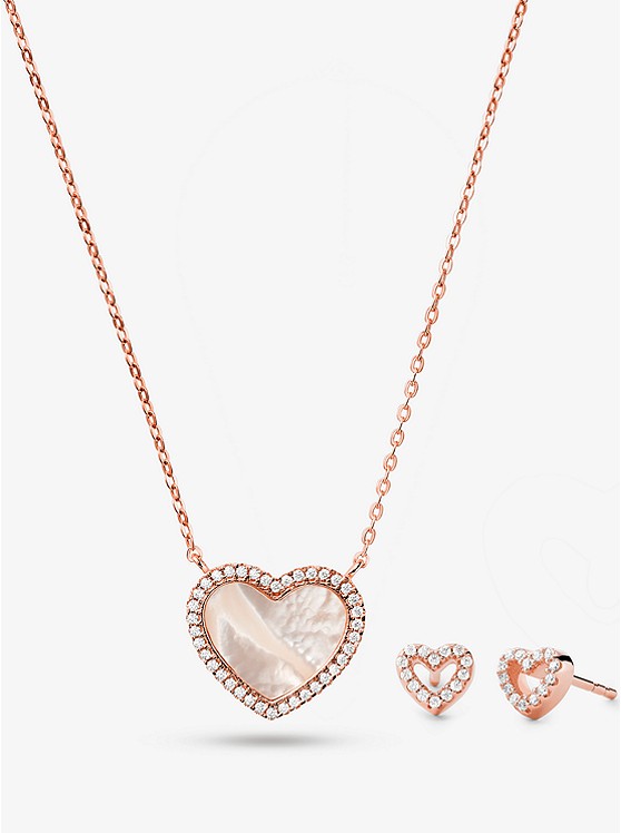 michaelkors.co.uk | Precious Metal-Plated Sterling Silver and Pavé Heart Necklace and Stud Earrings Set