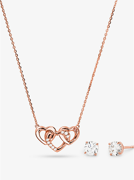 Precious Metal-Plated Sterling Silver Pavé Heart Necklace and Stud Earrings Gift Set image number 0