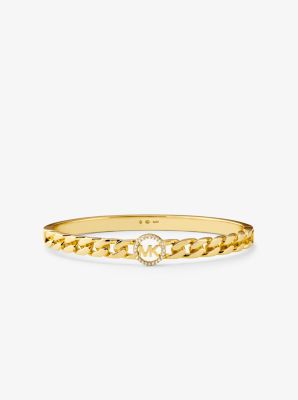 Pulsera rígida de plata de ley chapada en oro de 14 K con logotipo, pavé y cadena de eslabones in DORADO | Michael Kors