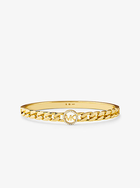 14k Gold-plated Sterling Silver Pavé Logo Curb Link Bangle 