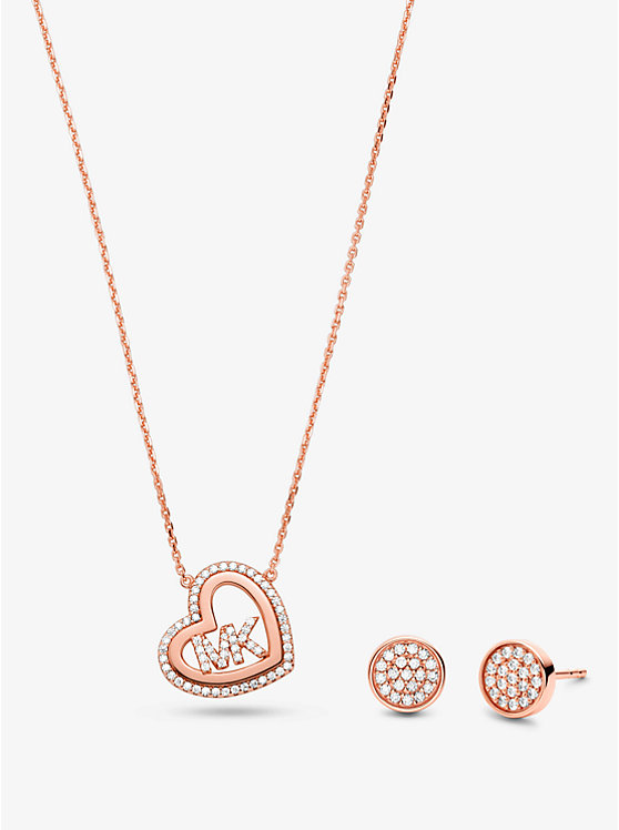 14K Rose Gold-Plated Sterling Silver Pavé Logo Heart Necklace and Stud Earrings Gift Set image number 0