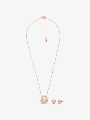 14K Rose Gold-Plated Sterling Silver Pav&eacute; Logo Heart Necklace and Stud Earrings Gift Set