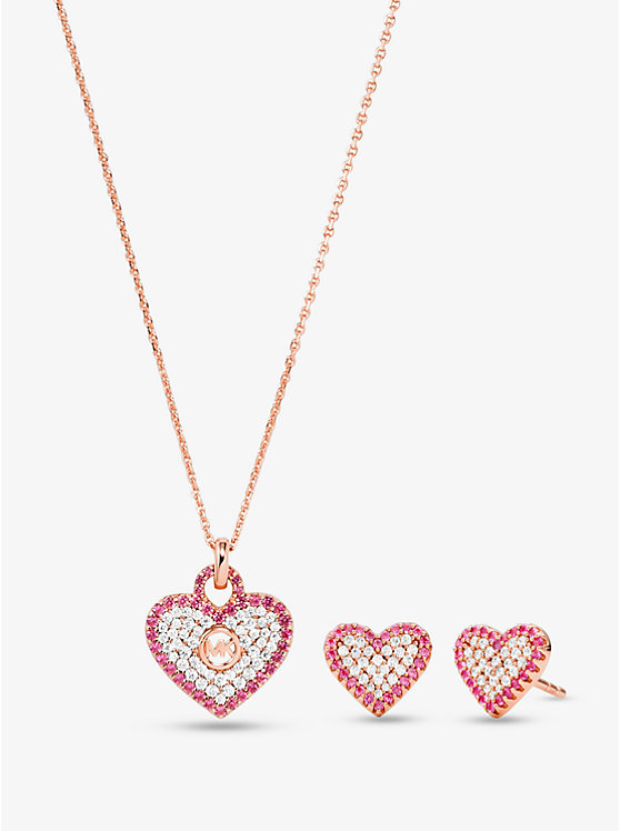 14K Rose Gold-Plated Sterling Silver Pavé Heart Necklace and Stud Earrings Gift Set image number 0