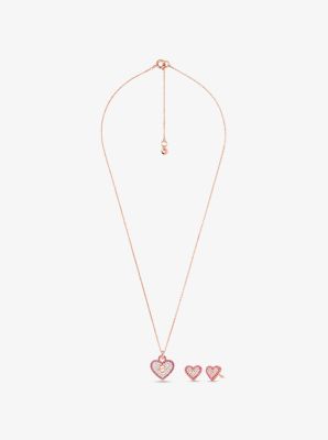 Pave CZ Heart Lock Necklace and Earrings Set in Rose Gold over