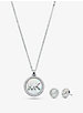 Precious Metal-Plated Sterling Silver Pavé Mother-of-Pearl Logo Necklace and Stud Earrings Set image number 0