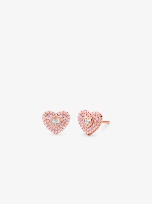 Precious Metal Plated Sterling Silver Pav Heart Stud Earrings