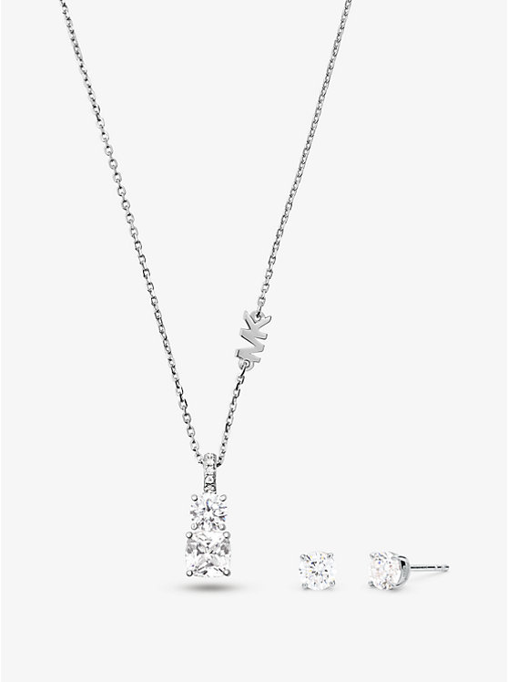 Precious Metal-Plated Sterling Silver Cubic Zirconia Necklace and Stud Earrings Set image number 0