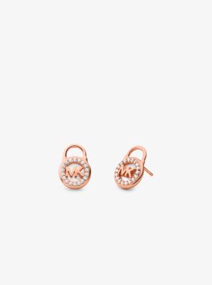 Clous d'oreilles en argent sterling &agrave; placage en m&eacute;tal pr&eacute;cieux en forme de cadenas &agrave; pav&eacute; in OR ROSE | Michael Kors