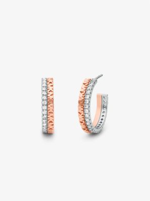 Precious Metal-Plated Sterling Silver Logo Pav&eacute; Hoop Earrings