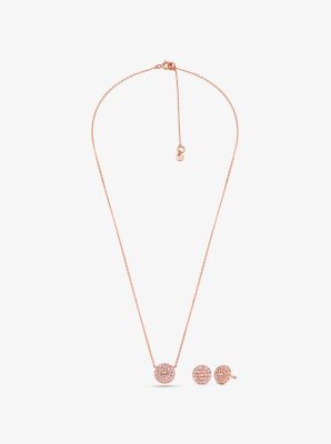 14K Rose Gold-Plated Sterling Silver Pavé Logo Disc Earrings and Necklace Set image number 1