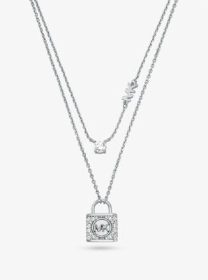 Precious Metal Plated Sterling Silver Pave Lock Layered Necklace