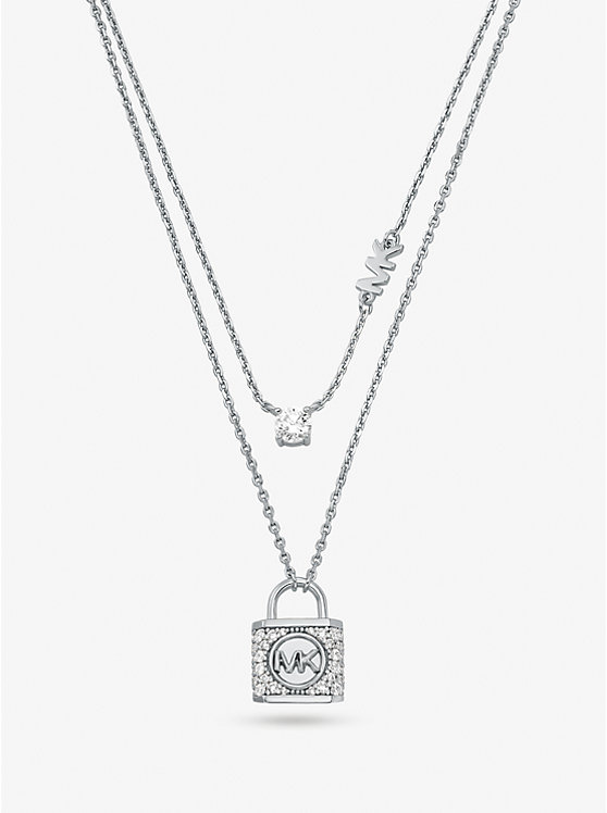 Precious Metal-Plated Sterling Silver Pavé Lock Layered Necklace image number 0