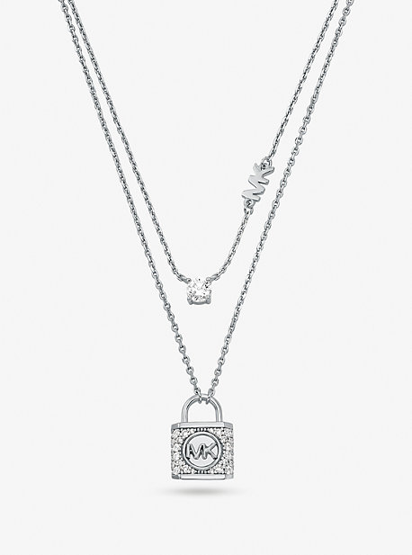 MK Collier à étages en argent sterling plaqué métal précieux avec cadenas à pierres pavées - Gris - Michael Kors