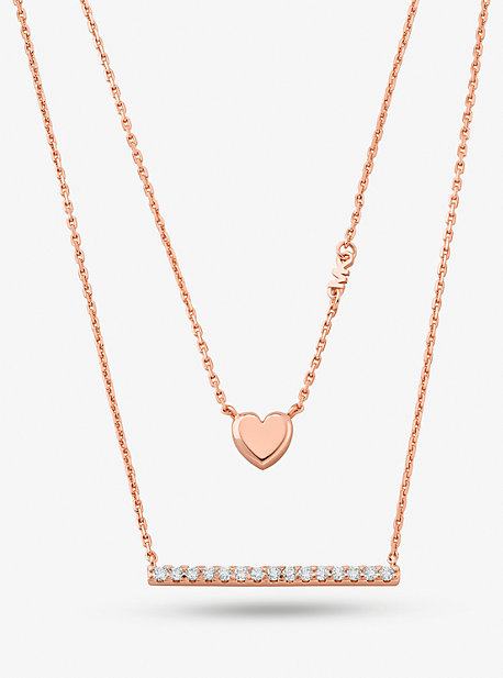 MK Precious Metal-Plated Sterling Silver Double Heart and Pave Bar Necklace - Rose Gold - Michael Kors