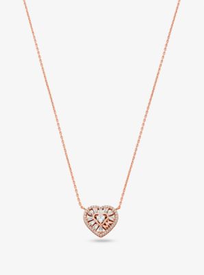 Michael Kors Precious Metal-plated Sterling Silver Pavé Heart Necklace In Rose Gold