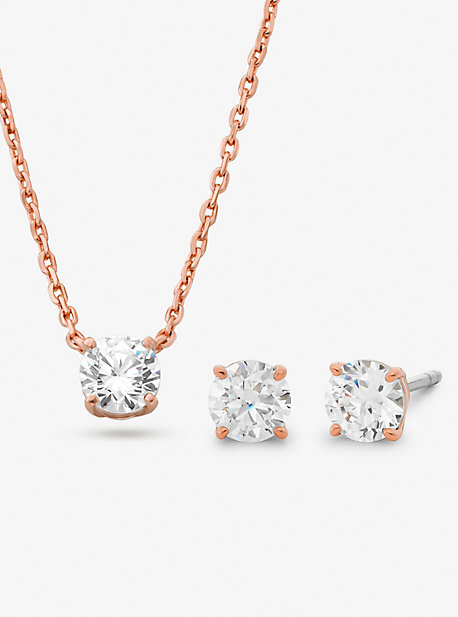 Michael Kors Precious Metal Plated Sterling Silver Cubic Zirconia Necklace And Earrings Set In Rose Gold