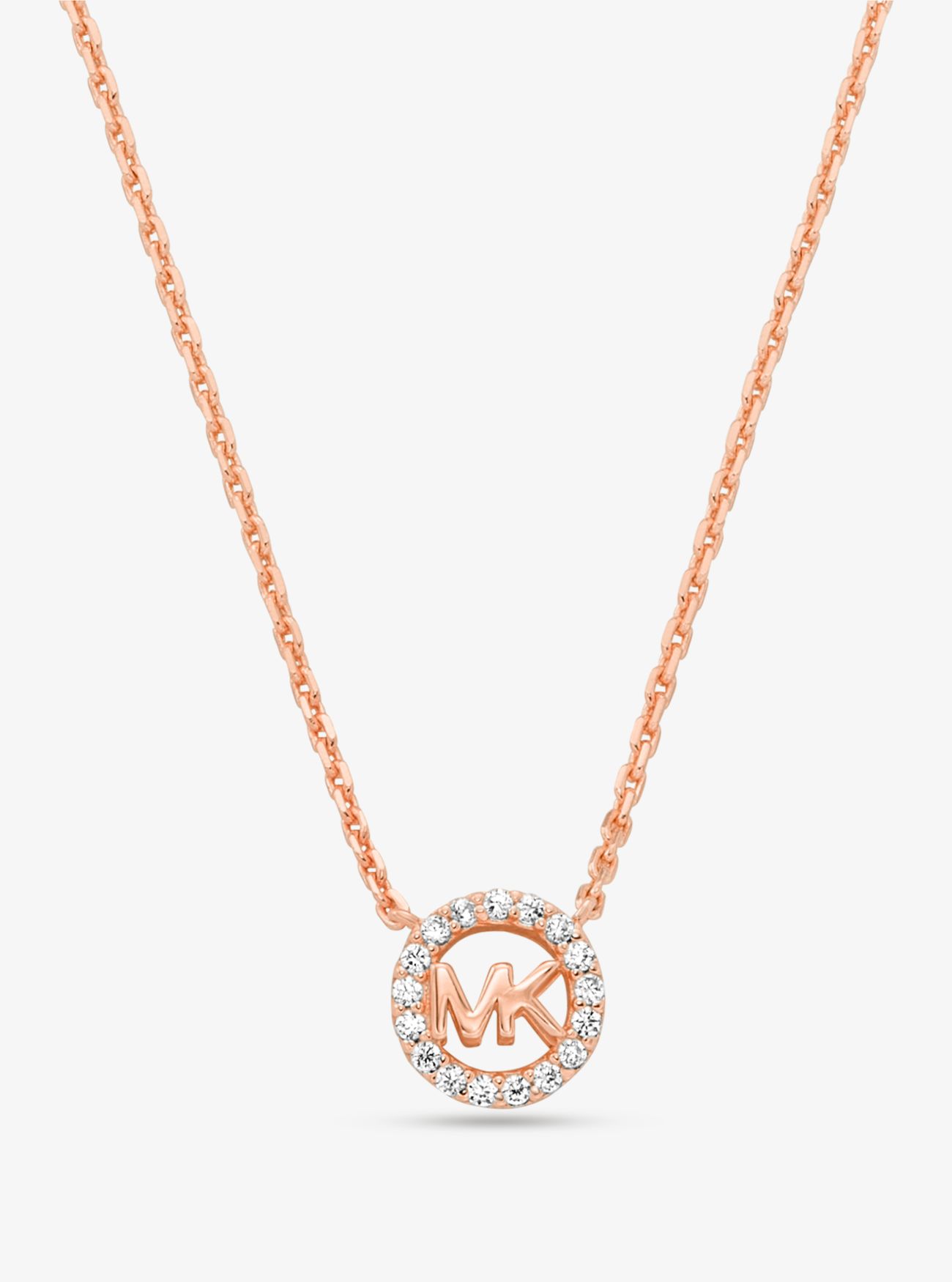 MK Fulton Precious-Metal Plated Sterling Silver Pavé Logo Charm Necklace - Rose Gold - Michael Kors
