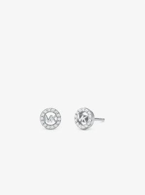 MK Fulton Precious-Metal Plated Sterling Silver Pave Logo Charm Stud Earrings - Silver - Michael Kors