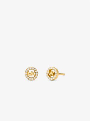 MK Fulton Precious-Metal Plated Sterling Silver Pavé Logo Charm Stud Earrings - Gold - Michael Kors Michael Kors