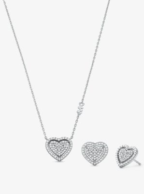 Precious Metal-Plated Sterling Silver Pavé Heart Necklace and Earrings Gift Set image number 0