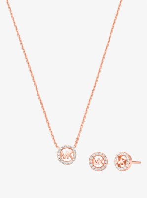 Fulton Precious-Metal Plated Sterling Silver Pavé Logo Charm Necklace and Earrings Gift Set