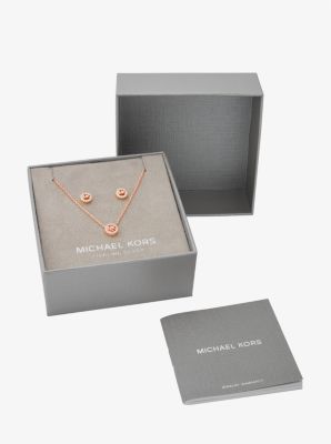 Fulton Precious-Metal Plated Sterling Silver Pavé Logo Charm Necklace and Earrings Gift Set
