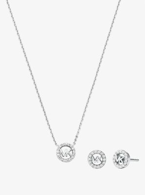Fulton Precious-Metal Plated Sterling Silver Pavé Logo Charm Necklace and Earrings Gift Set