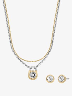 Pavé Two-Tone Lock Necklace and Stud Earrings Jewelry Gift Set