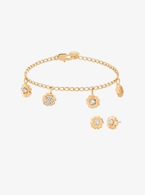 Pav&eacute; Flower Charm Bracelet and Stud Earrings Jewelry Set