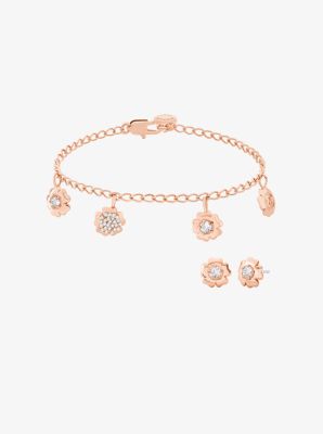 Pav&eacute; Flower Charm Bracelet and Stud Earrings Jewelry Set