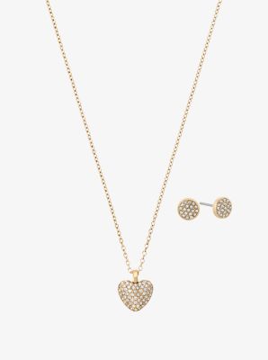 Pavé Gold-Tone Heart Necklace and Earrings Set