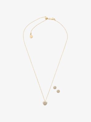 Pavé Gold-Tone Heart Necklace and Earrings Set