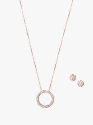 Pav&eacute; Rose Gold-Tone Pendant Necklace and Earrings Set