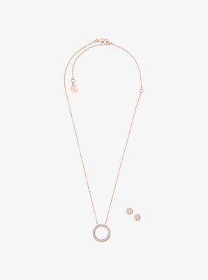 Pav&eacute; Rose Gold-Tone Pendant Necklace and Earrings Set
