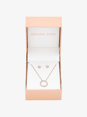 Pav&eacute; Rose Gold-Tone Pendant Necklace and Earrings Set