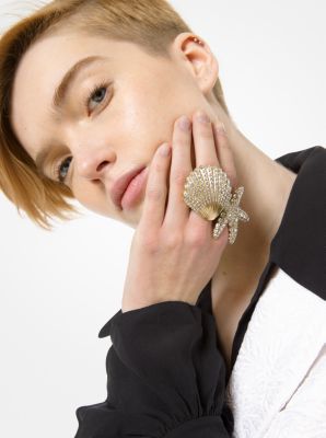 Gold-Tone Pavé Clamshell Ring