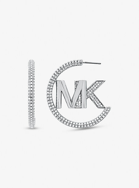 Michael Kors Precious Metal-plated Brass Pavé Logo Hoop Earrings In Silver