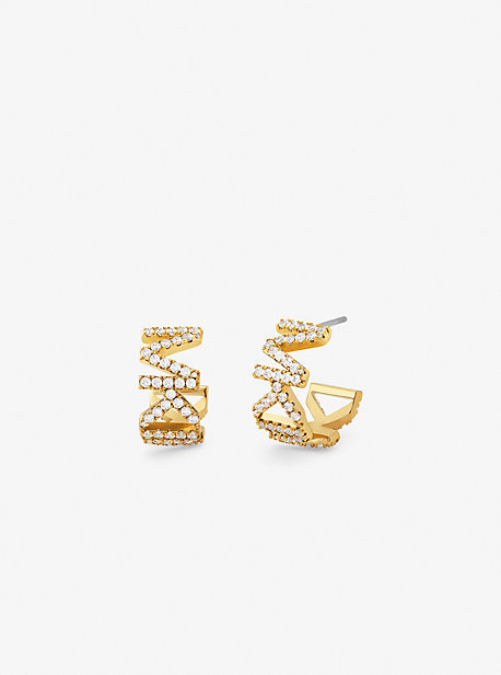 MK Petites boucles d'oreilles créoles en laiton plaqué en métal précieux avec pierres pavées et logo - Or - Michael Kors