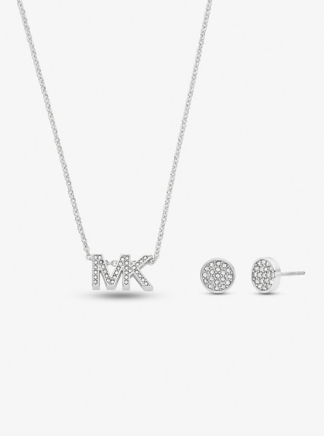Silver-Tone Brass Logo Necklace and Earrings Set